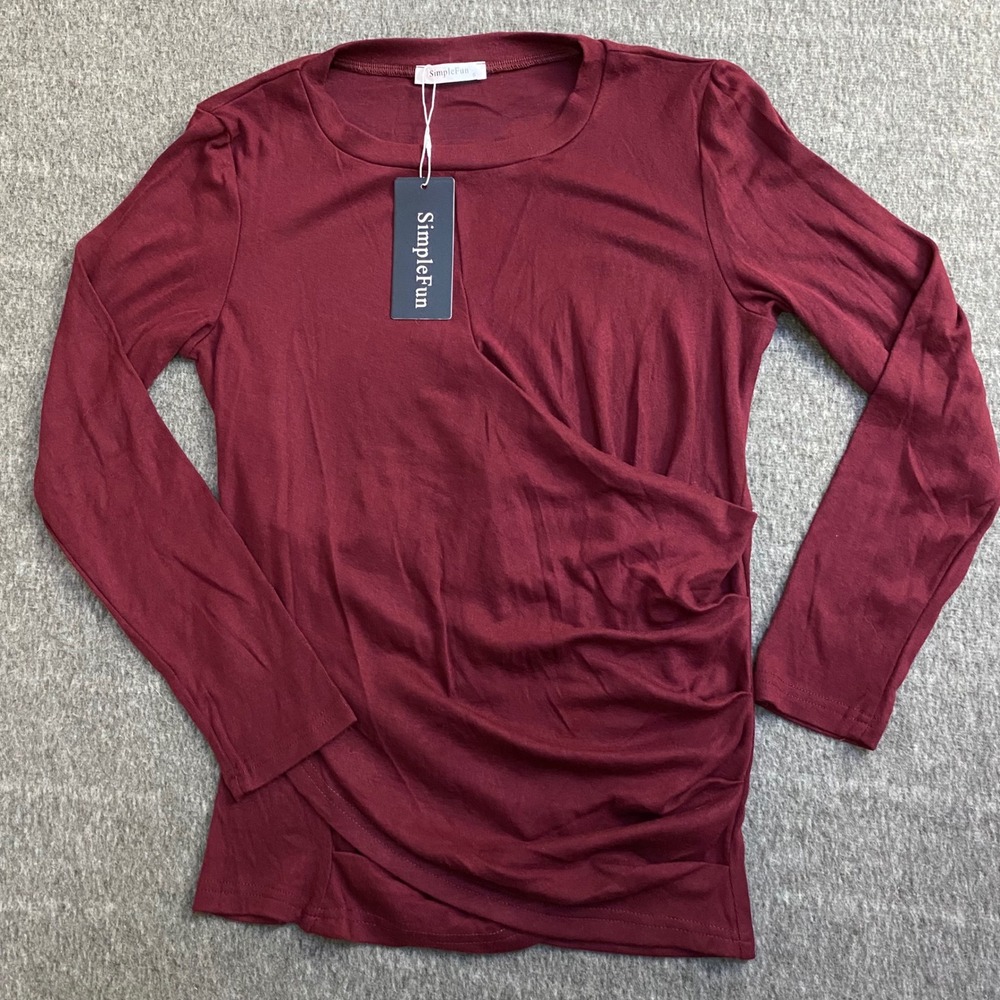 SimpleFun Womens Burgundy Long Sleeve Wrap Front Ruched Side Top Small NWT